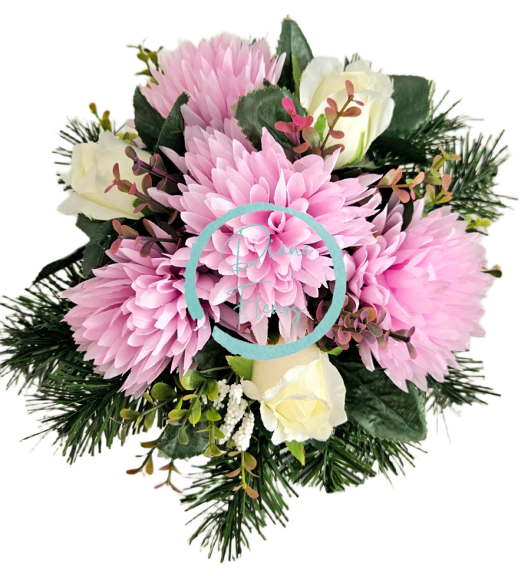 Trauergesteck aus künstlichen Chrysanthemen, Rosen und Accessoires 28cm x 18cm AS1090