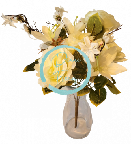 Künstliche Blumenstrauß aus Rosen, Gänseblümchen und Lilien x7 Creme 44cm