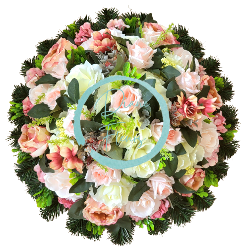 Smuteční věnec kruh umělé růže, pivoňky, hortenzie a doplňky 60cm AS550