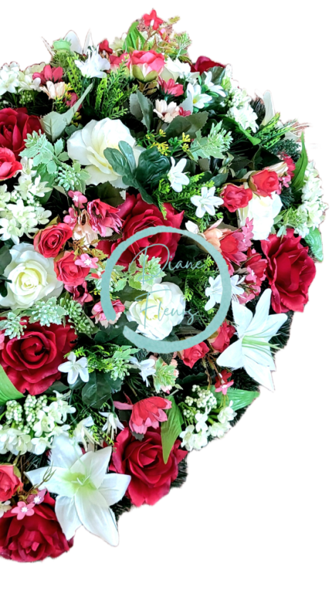 Coroană funerară inimă, trandafiri, crini și flori mici 65cm x 65cm artificială AS1080