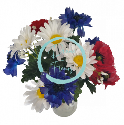 Künstlicher Blumenstrauß aus Gänseblümchen, Mohnblumen, Kornblumen und Accessoires 31cm creme, blau, rot