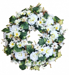 Luxurious artificial pine wreath Exclusive decorated with Dahlias, Gerberas, Marguerites  and accessories 65cm