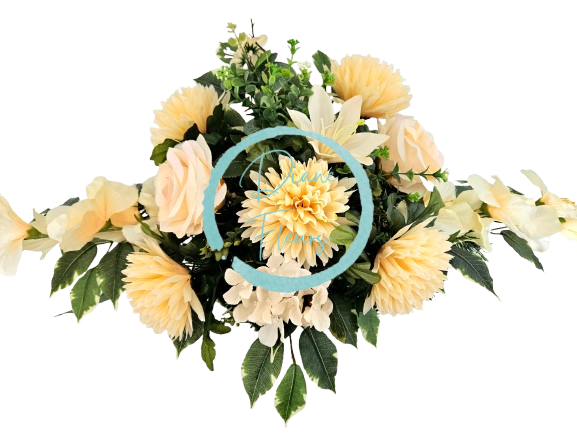 Big sympathy arrangement made of artificial Chrysanthemums, Roses, Gladiolus and Accessories 85cm x 45cm x 28cm