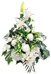 Luksuzni aranžma umetne krizanteme, lilije, marjetice, orhideje in dodatki 62cm x 45cm x 60cm
