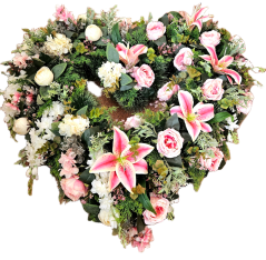 Coroană funerara de pin Inima Exclusiv Bujori artificiali, Delphinium si Accesorii 100cm x 90cm