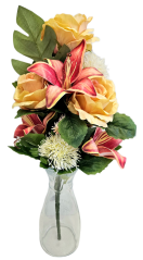 Buchet artificial exclusiv Trandafiri, Crini, Ciulin și accesorii x12 54cm x 30cm galben, burgundia