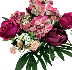 Peónia, Ruža & Hortenzia kytica 46cm umelá vínová