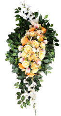 Temetési koszorú műrózsák, kalla, kardvirág és kiegészítők 130cm x 65cm