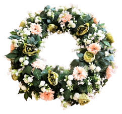 Luxusný smútočný veniec borovicový exclusive peonie pivonky, gerbery a doplnky Ø 90cm