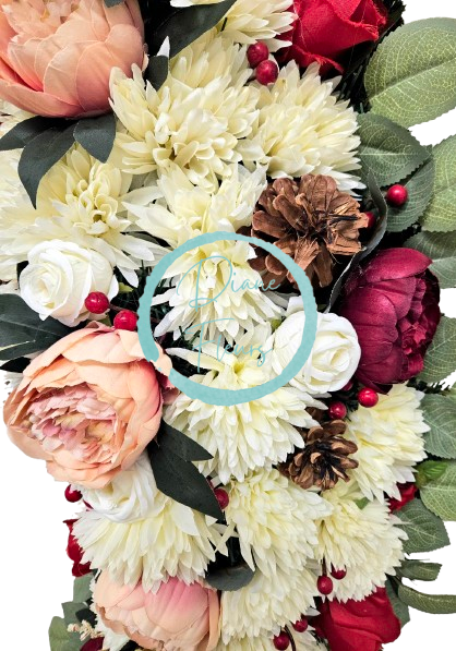 Smuteční věnec esíčko umělé růže, chryzantémy, pivoňky a doplňky 115cm x 45cm AS859