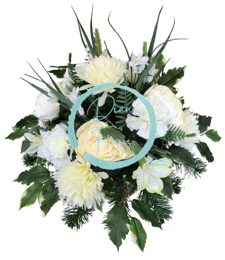 Smútočný aranžmán betonka exclusive umelá chryzantéma, peonia pivonka, karafiát, alstroméria a doplnky Ø 45cm x 35cm