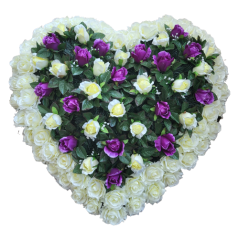 Wianek żałobny "Serce" wykonany ze sztucznych róż 80cm x 80cm kremowy, fioletowy