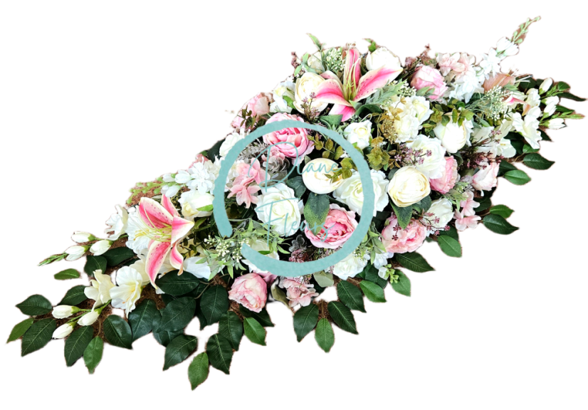 Großes Trauergesteck Exclusive aus künstliche Pfingstrosen, Rosen, Delphinium und Accessoires 135cm x 50cm x 35cm AS1017