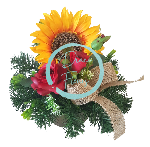 Smuteční aranžmán betonka exclusive umělá slunečnice, růžičky a doplňky 28cm x 28cm AS411