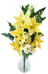 Sztuczny bukiet płaski róż, lilia i dodatki x18 74cm x 35cm żółty
