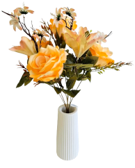 Růže, Kopretiny a Lilie kytice x7 oranžová 44cm umělá