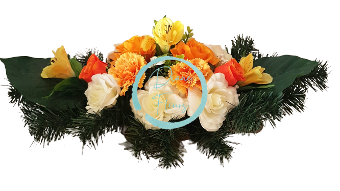 Krásný smútočný aranžmán betonka umelé ruže, karafiáty, alstromeria a doplnky 60cm x 30cm x 23cm žltá, krémová, oranžová
