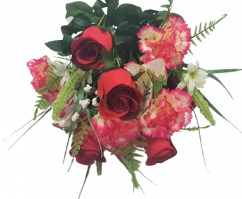 Šopek vrtnic, alstroemerij in nageljnov x18 rdeči 50cm umetni