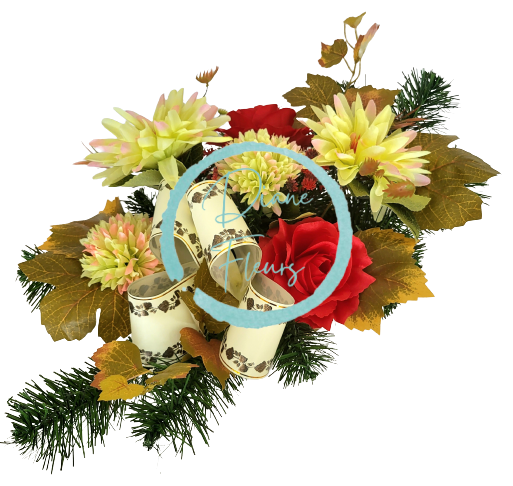 Kompozycja żałobna sztuczne chryzantemy, róże i dodatki 48cm x 28cm x 20cm