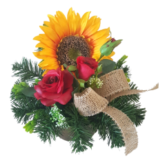 Trauergesteck aus künstliche Sonnenblume, Rosen und Zubehör Ø 28cm x 28cm
