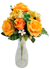 Buchet de trandafiri & hortensii x12 44cm flori artificiale portocaliu, galben