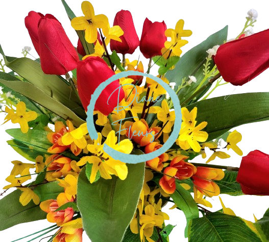 Sympathy arrangement made of artificial Tulips, Golden Shower and Accessories 67cm x 35cm x 25cm