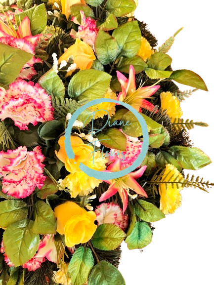 Artificial wreath decorated with Carnations, Roses, Lilies and accessories 60cm