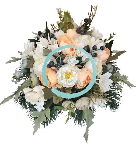 Composizione funebre in cemento con peonia artificiale e accessori 30 cm x 17 cm AS712