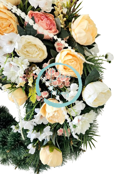 Coroană funerara de pin Exclusiv Bujori artificiali, Gerbere, Orhidee si Accesorii Ø 100cm