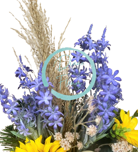 Smútočný aranžmán betonka umelá slnečnica, margarétka, levanduľa a doplnky 26cm x 22cm x 38cm