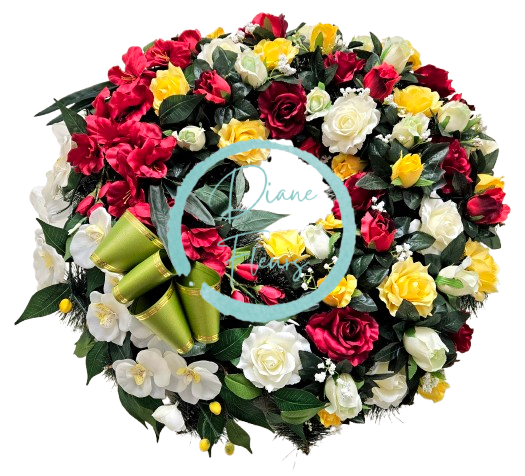 Luxusný smútočný veniec borovicový exclusive ruže, gladioly, orchidey a doplnky 80cm