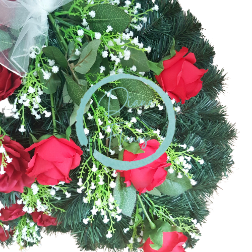 Artificial Wreath Heart Shaped with Roses and accessories 65cm x 65cm Red