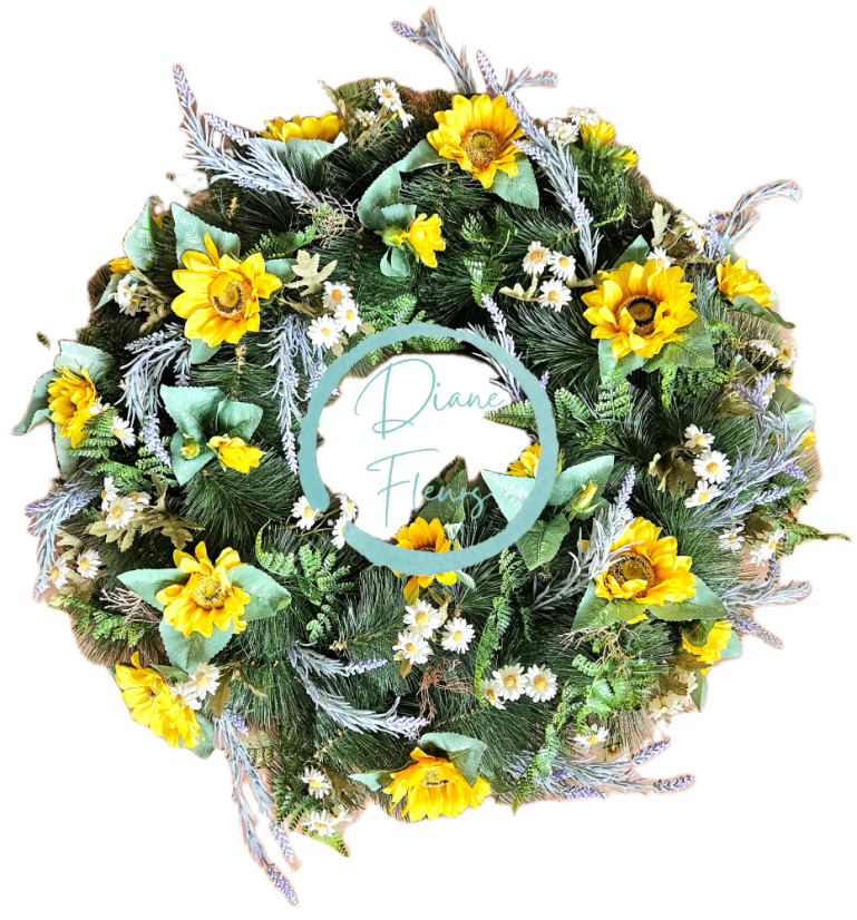 Luxusný smútočný veniec borovicový exclusive slnečnice, levanduľa, margarétky a doplnky Ø 90cm