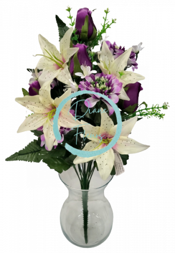 Kytice lilie & růže & dahlie x12 47cm krémová & fialová umělá
