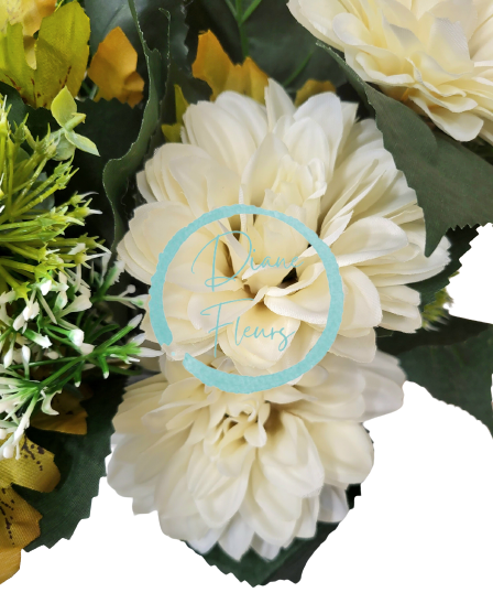 Umělá kytice Jiřinky dahlie, hortenzie, bodlák a doplňky x18 44cm