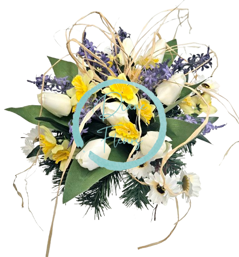 Composizione in cemento di tulipani artificiali, narcisi, margherite, lavanda e accessori 36 cm x 26 cm AS965