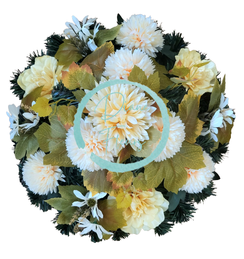 Smútočný veniec "kruh" umelé chryzantémy, dahlie a doplnky Ø 40cm