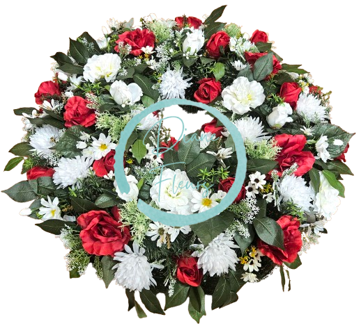 Smuteční věnec borovicový exclusive růže, clematis, chryzatémy, kopretiny a doplňky 80cm AS995