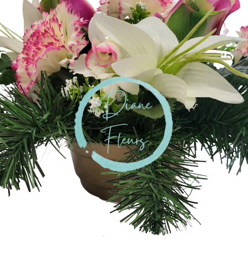 Smútočný aranžmán betonka umelé karafiáty, ruže, orchidey, ľalie a doplnky Ø 30cm x 20cm