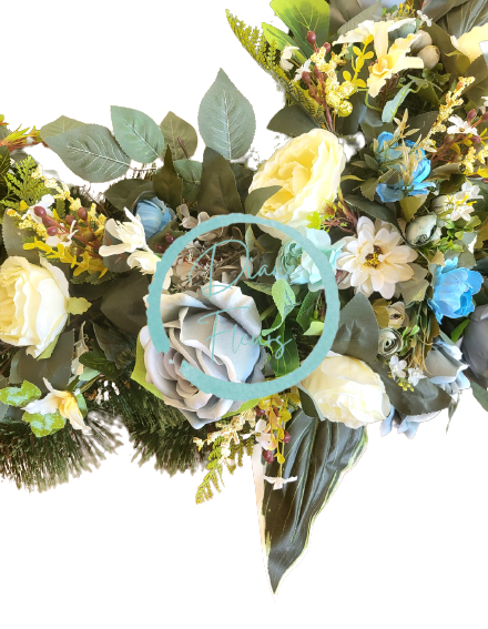 Künstliche Trauerkranz Exklusiv Rosen, Pfingstrosen, Kamelien, Gerberen, Monstera und Zubehör 80cm x 90cm