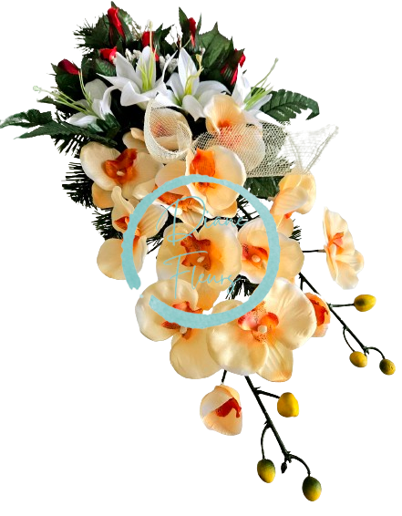 Aranjament pentru cimitir de orhidee artificiale, crini si accesorii 60cm x 28cm x 20cm