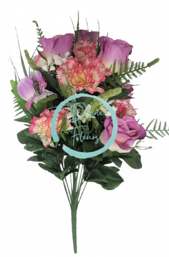 Růže & Alstromerie & Karafiát x18 kytice fialová 50cm umělá