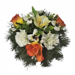 Aranjament Trandafiri artificiali și Garoafe și Pansulete și Accesorii 25cm x 15cm portocaliu & galben & alb