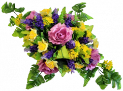 Sympathy arrangement made of artificial Roses, Daffodils, Lavender and Accessories 70cm x 48cm x 20cm