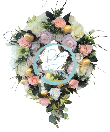 Luxusní proutěný věnec s velikonočními vajíčky ozdobený umělými růžemi, kopretinami a doplňky Ø 42cm x 59cm