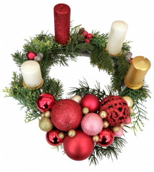 Weihnachtlicher Adventskranz aus Weide mit Kerzen, Weihnachtskugeln und Zubehör 30cm x 17cm