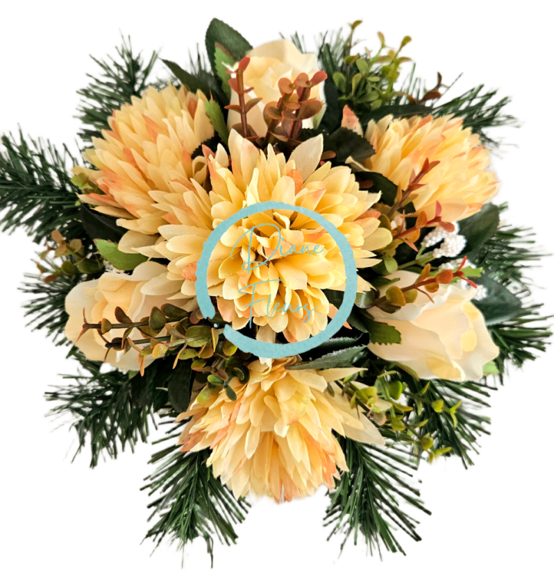 Kompozycja pogrzebowa sztuczne chryzantemy, róże i dodatki 28cm x 18cm AS1086