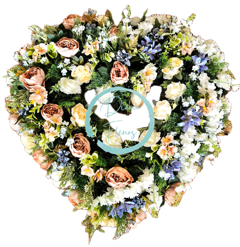 Coroană funerara de pin Inima Exclusiv Bujori artificiali, Trandafiri, Delphinium si Accesorii 100cm x 90cm