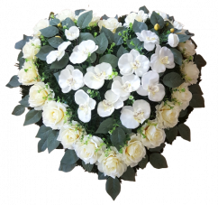 Smuteční věnec "Srdce" z růží a orchidejí 60cm x 60cm krémový, bílý umělý