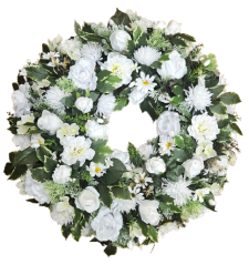 Temetési fenyőkoszorú Exkluzív hortenzia, rózsák, krizantém, százszorszépek, clematis és kiegészítők 80cm